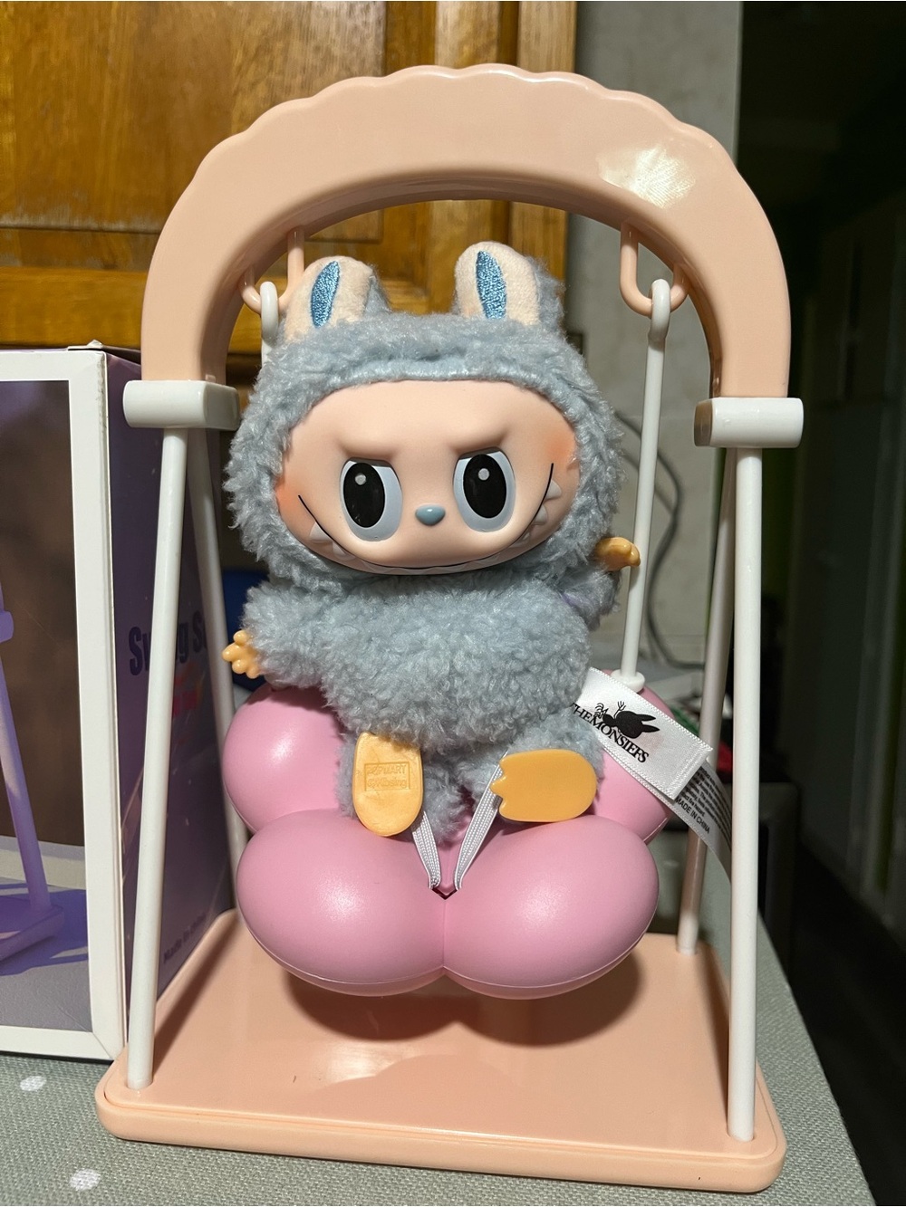 Cute Plush Bunny Doll on Pink Swing - Blue Gray Fur